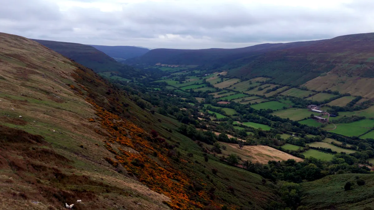 The Vale of Ewyas seen from high on its side, steep slopes with gorse falling to a patchwork of fields
